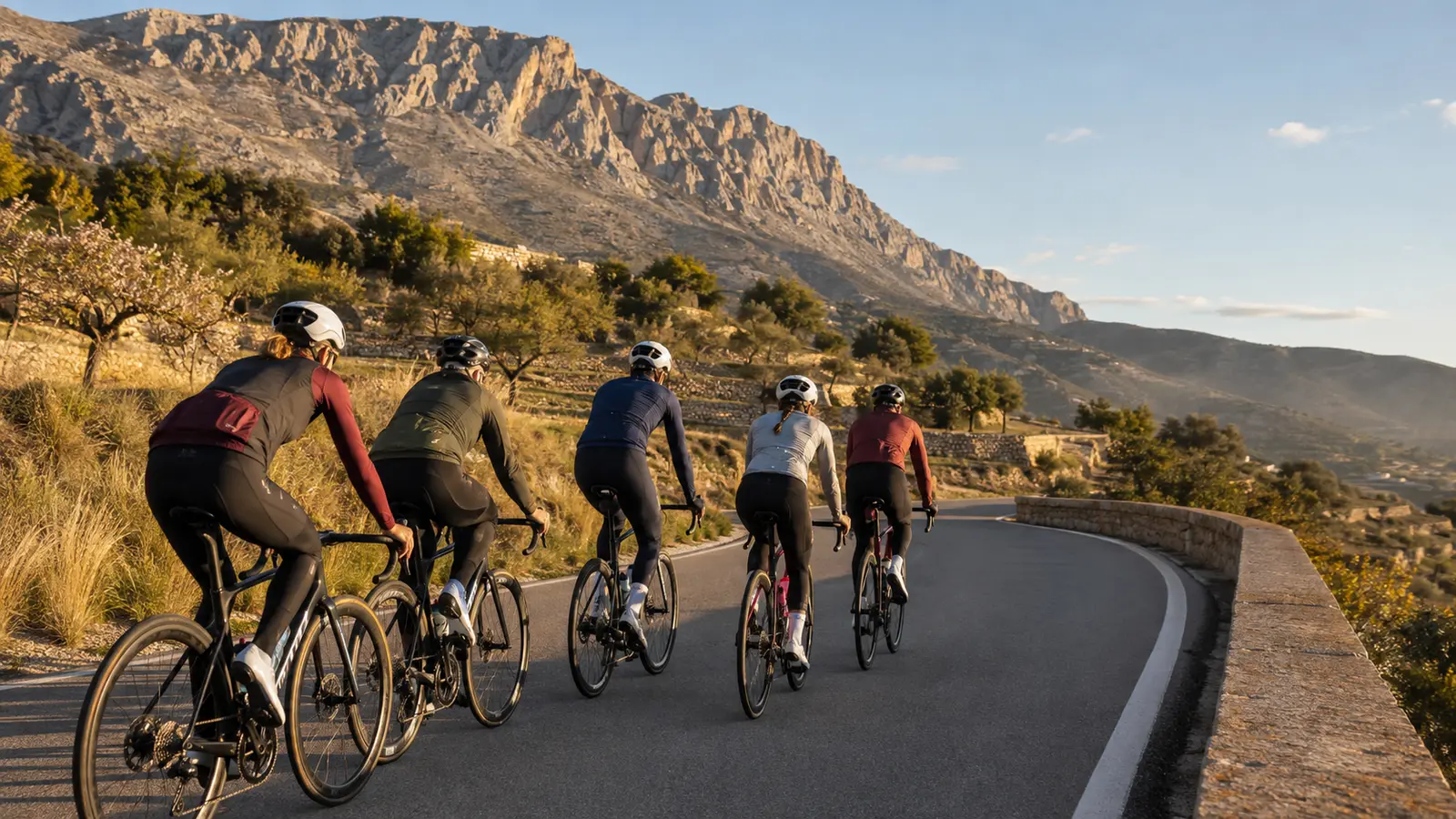 Road cycling group training on a quiet Costa Blanca mountain road in winter