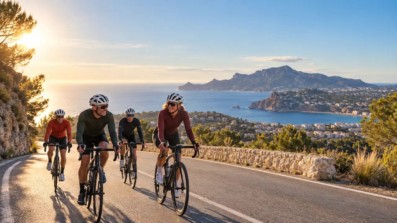 Road cyclists enjoying a sunny autumn or winter ride on the Costa Blanca in Spain
