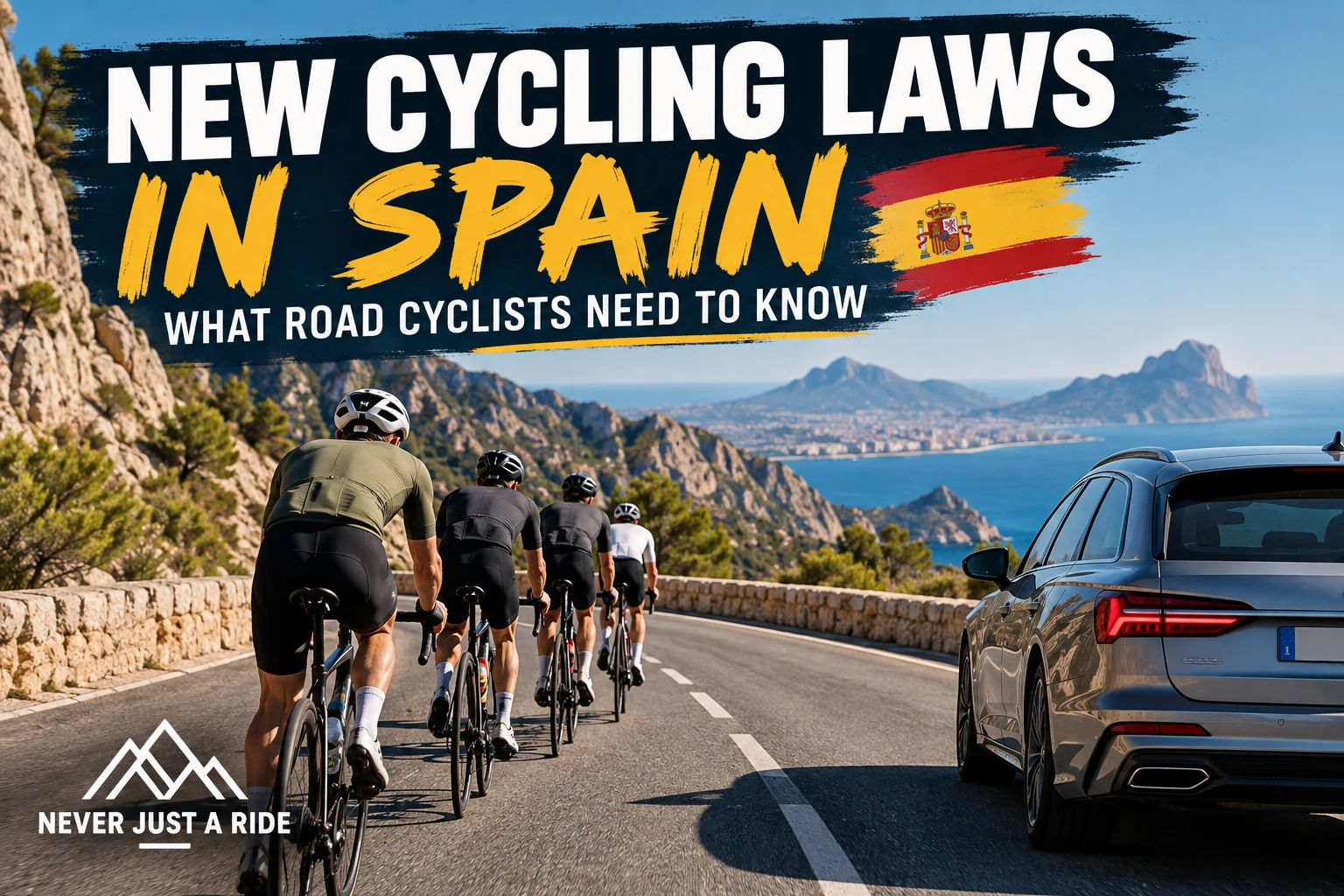 Illustration of road cyclists and a car on a Spanish coastal road, with New Cycling Laws in Spain text and Never Just a Ride logo